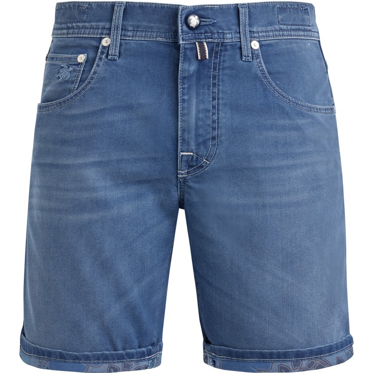 Men's blue denim Bermuda shorts by Vilebrequin featuring five pockets, tropical turtle design on the cuffs, and rolled hems, available in size 34.