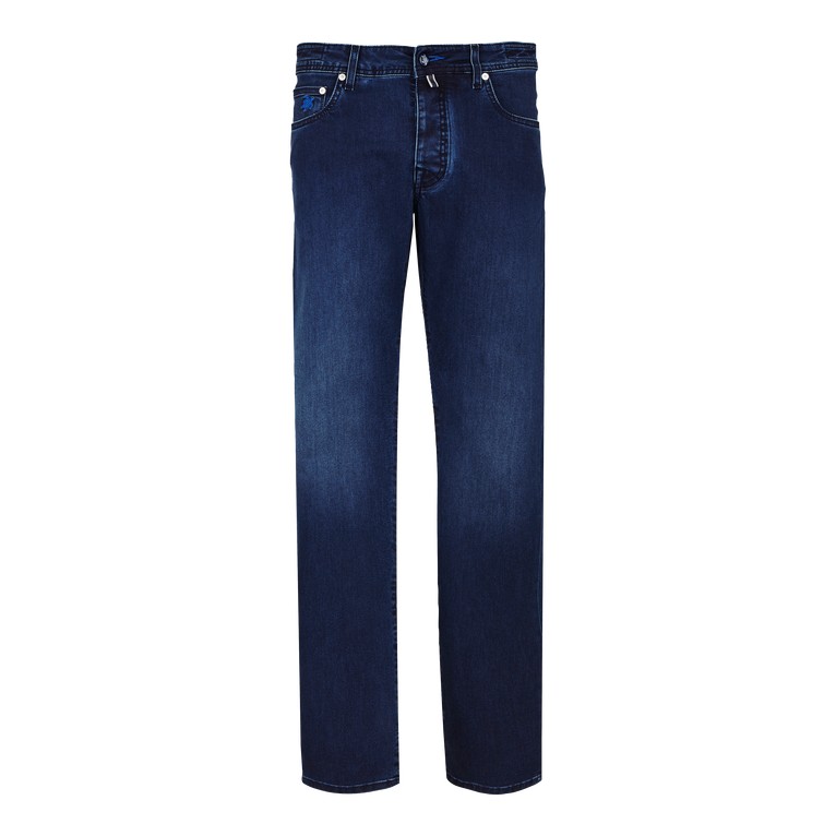Men's blue denim pants by Vilebrequin, featuring a 5-pocket design, straight leg cut, and a mosaic pattern, in size 32.