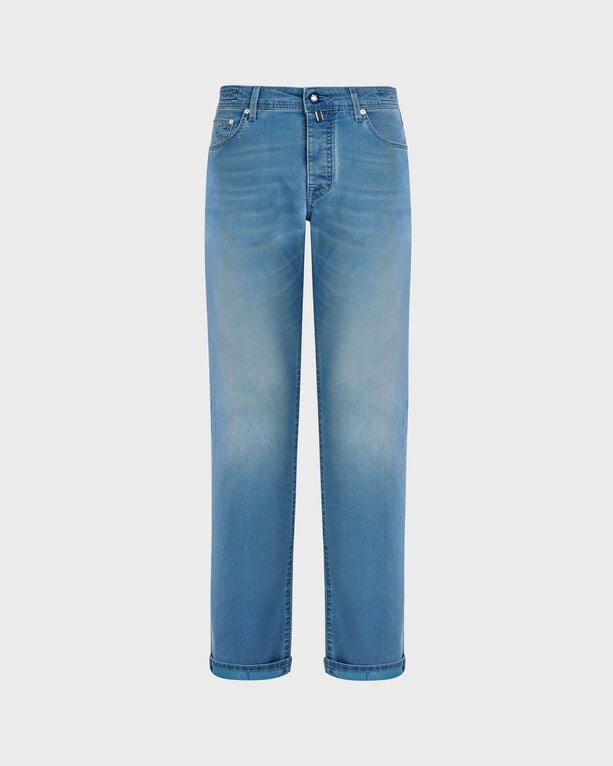 Light blue denim pants with a relaxed fit, featuring five pockets and a subtle tropical turtle print, designed by Vilebrequin, size 33.