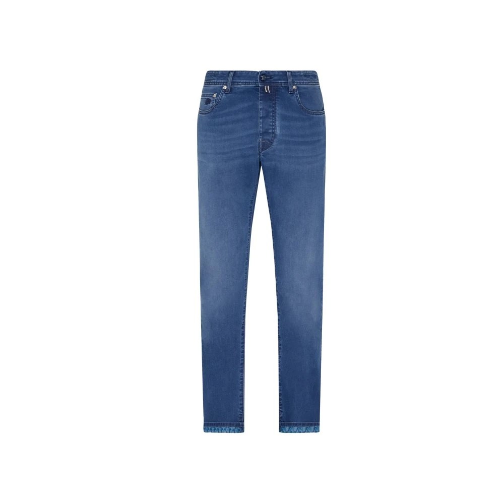 Blue denim pants featuring a five-pocket design, with a turtle motif along the hem, in size 34 by Vilebrequin.