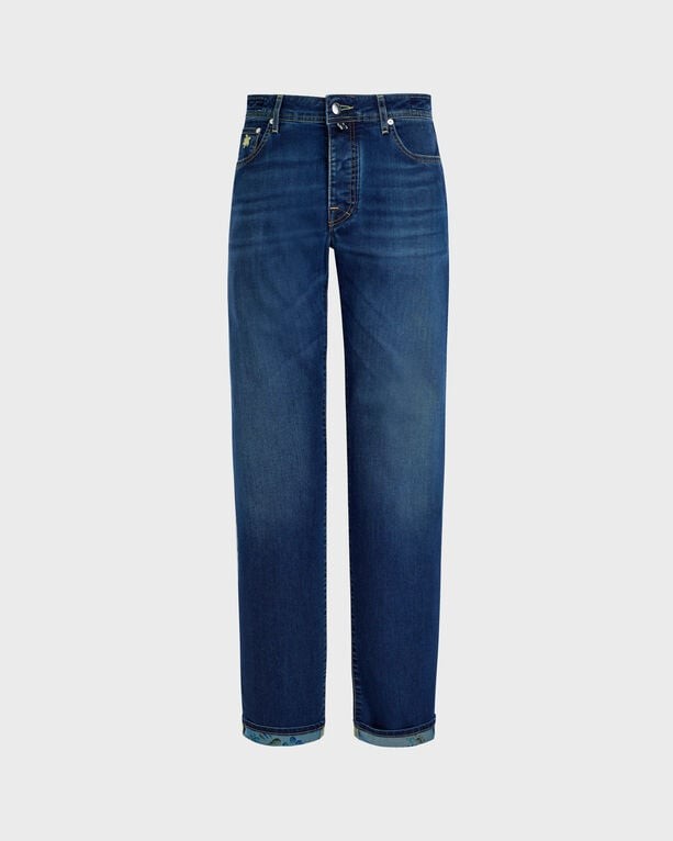 Men's blue denim pants by Vilebrequin featuring five pockets, a straight leg design, and turtle logo detailing on the back pocket, size 40.