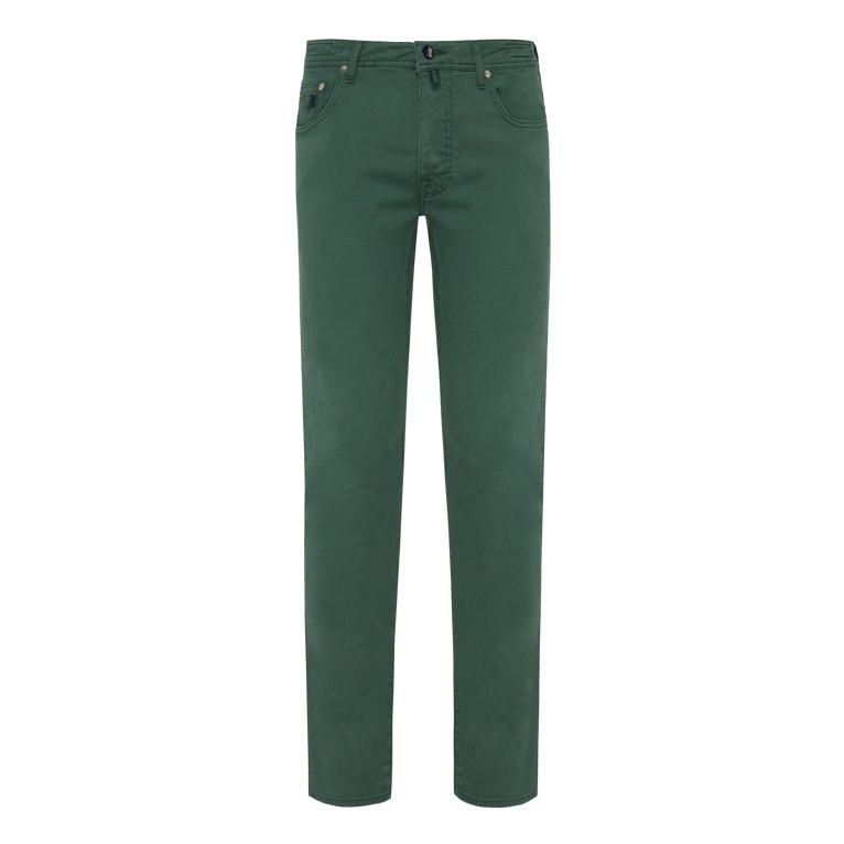 Green Tencel gabardine pants with five pockets, featuring a button closure and sleek design, labeled as Gbetta18 in size 34 by Vilebrequin.