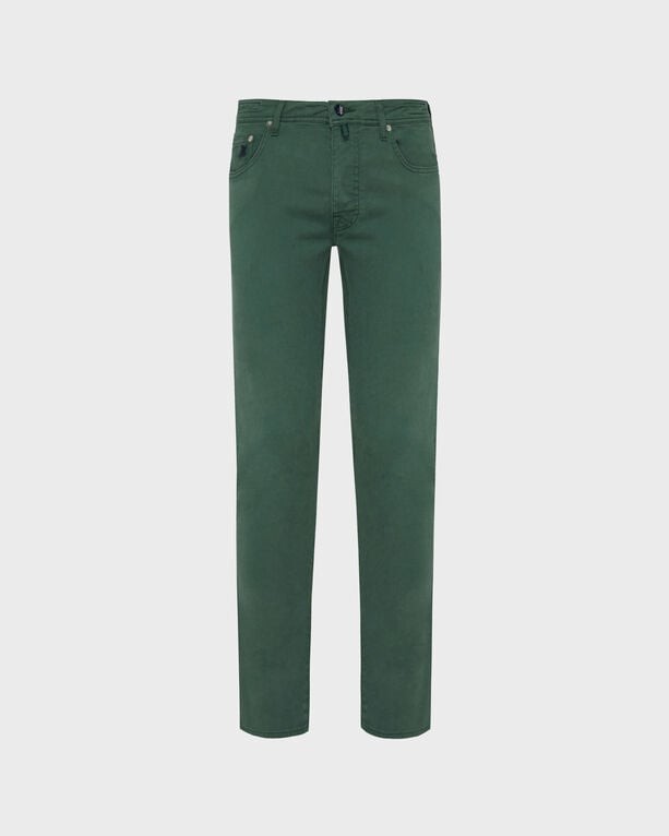 Men's green Tencel gabardine pants by Vilebrequin, featuring five pockets, a straight leg design, and a button closure, size 40.