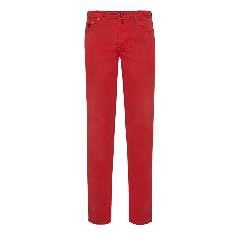 Red Tencel gabardine pants with five pockets, featuring a classic jeans design, tailored fit, and size 30 by Vilebrequin.