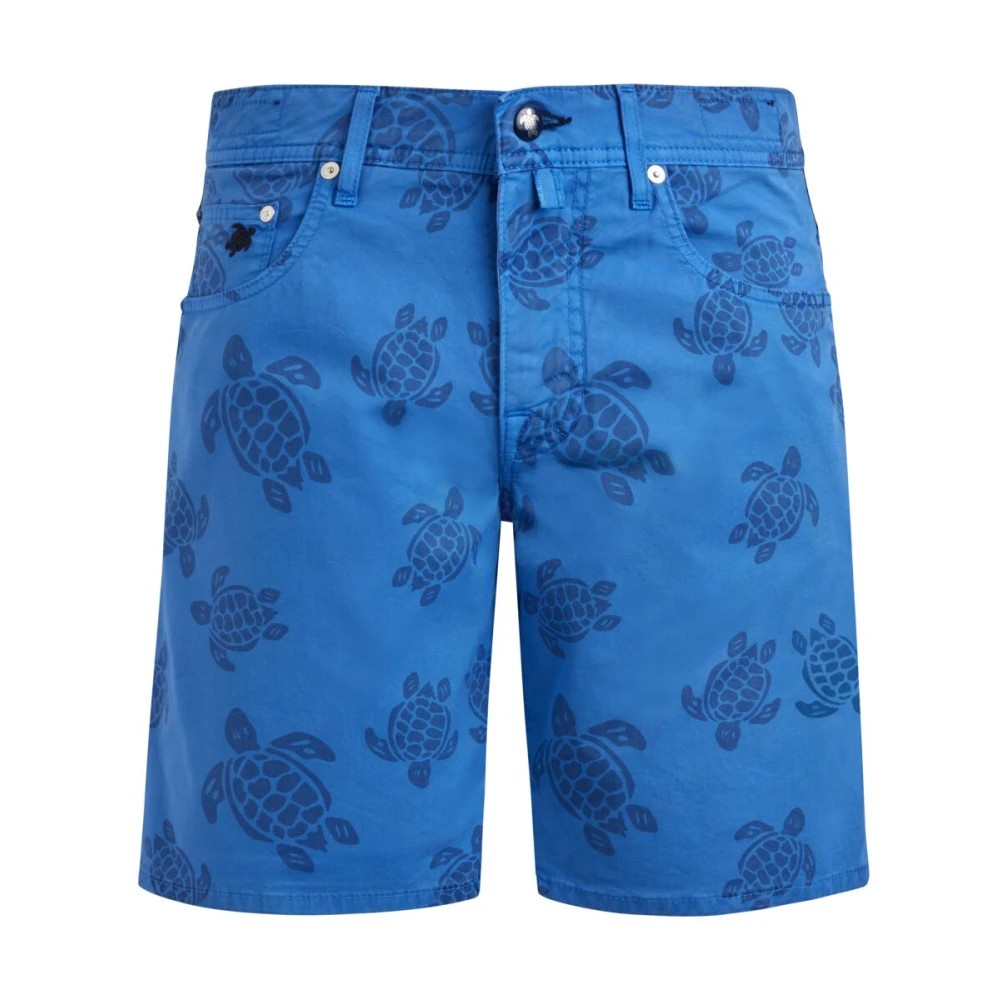 Blue Bermuda shorts featuring a resin print of turtles, crafted from lightweight material, with a classic fit and five-pocket design, available in size 35.