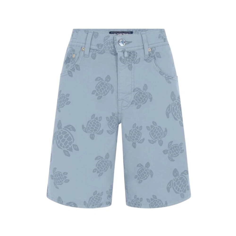 Blue Bermuda shorts by Vilebrequin featuring a resin print of turtles, made from lightweight material, with a relaxed fit and size 32.