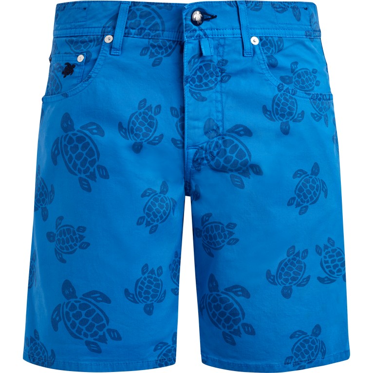 Bright blue Bermuda shorts featuring a resin print of turtles, with a classic fit, front pockets, and a button closure, size 40 by Vilebrequin.