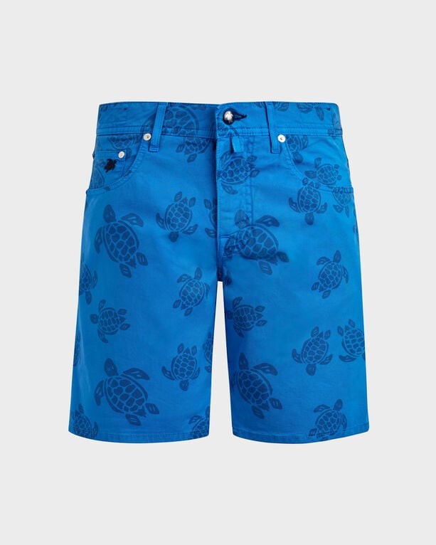 Blue Bermuda shorts featuring a resin print of turtles, made from lightweight material, with a classic five-pocket design and button closure, in size 42.