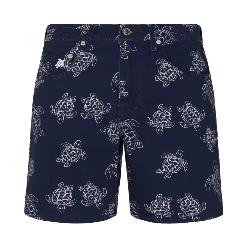 Blue Bermuda shorts featuring a white turtle print, made from lightweight material, with a button and zipper closure, and a size label of 32.