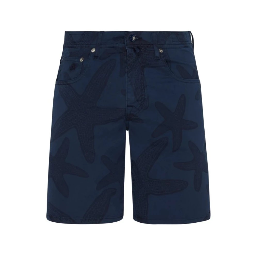 Men's blue Bermuda shorts by Vilebrequin, featuring a dark starfish print on gabardine fabric, with a button and zipper closure, size 38.