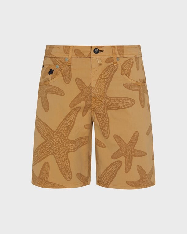 Brown gabardine Bermuda shorts featuring a starfish print, with a button closure and front pockets, designed by Vilebrequin in size 40.