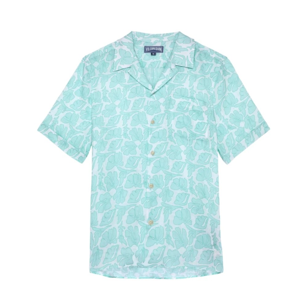 Short-sleeved linen shirt in light aqua with a seashell pattern, featuring a camp collar and button-up front, labeled as size L by Vilebrequin.