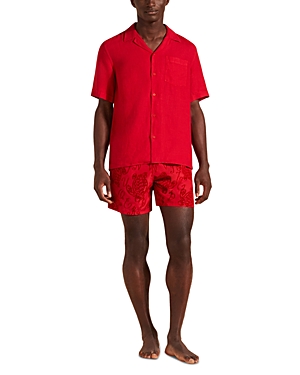 Red linen short-sleeve bowling shirt with a relaxed fit, featuring a button-down front and a chest pocket, paired with matching patterned shorts. Size M.