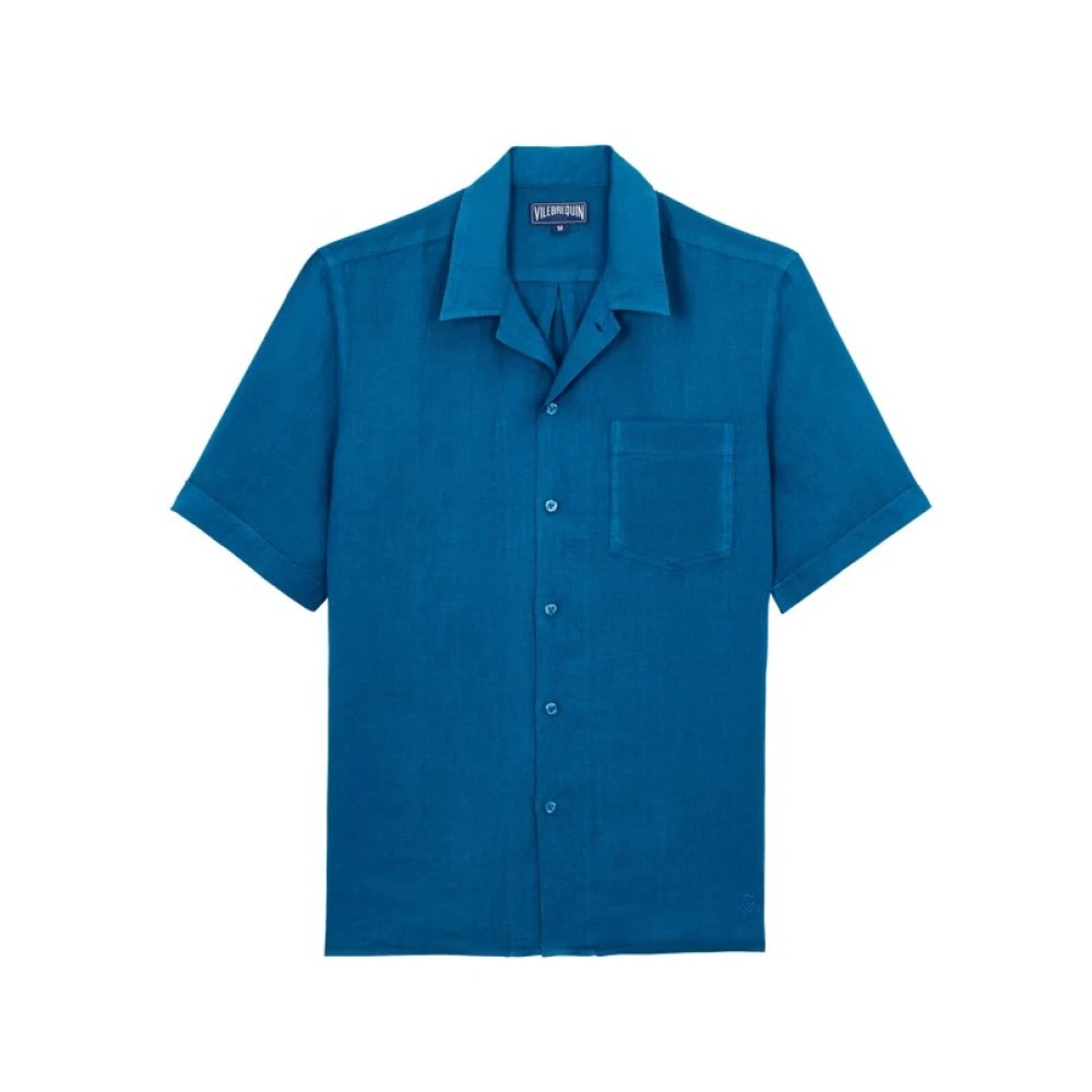 Solid blue linen bowling shirt by Vilebrequin, featuring short sleeves, a button-down front, and a single chest pocket, size M.