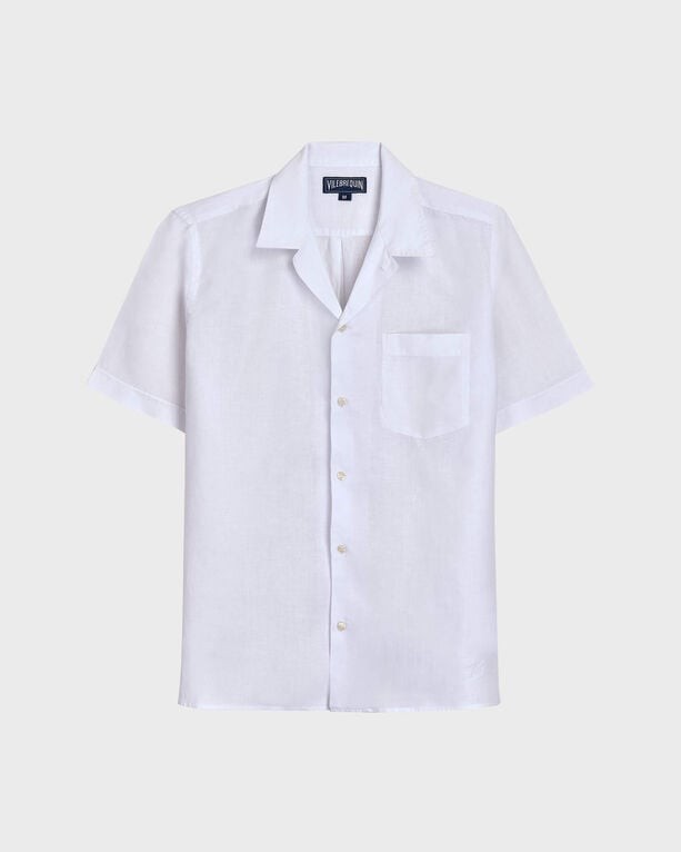 White linen short-sleeve bowling shirt by Vilebrequin, featuring a single chest pocket and a button-down front, in size XL.