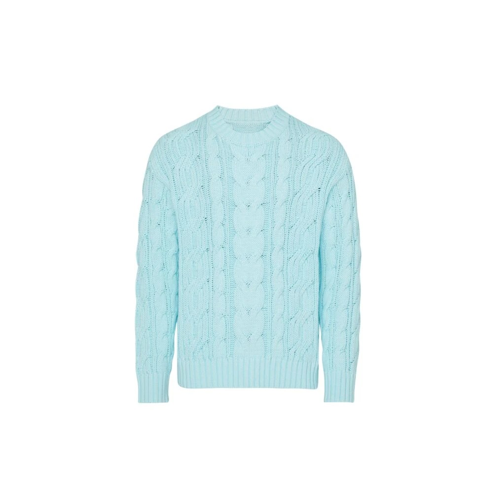 Light blue cable-knit cotton pullover sweater by Vilebrequin, featuring a classic round neckline and ribbed cuffs, designed for men in size M.