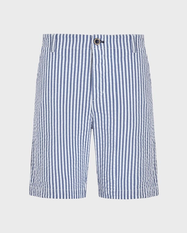 Light blue and white striped seersucker Bermuda shorts with a button closure, featuring a relaxed fit and side pockets, labeled as size 29 by Vilebrequin.