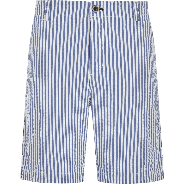 Blue and white striped seersucker Bermuda shorts with a button closure, featuring a lightweight design, ideal for warm weather, in size 40.