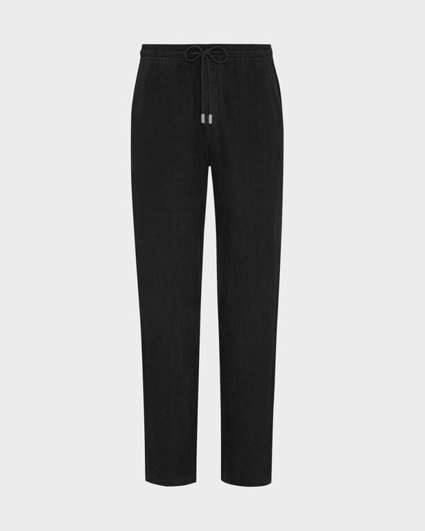 Black linen pants by Vilebrequin, featuring a drawstring waist and a relaxed fit, designed for comfort, available in size XXXL.