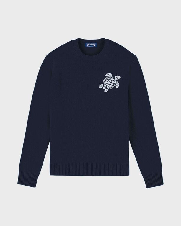 Blue crewneck sweater made of cotton and cashmere, featuring a turtle graphic on the chest, ribbed cuffs and hem, in size XL.