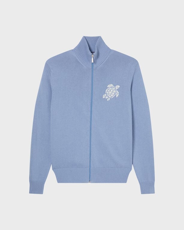 Light blue full zip sweater made of cotton and cashmere, featuring a turtle logo on the chest and ribbed cuffs, available in size L.