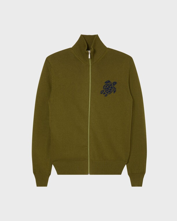 Green full zip sweater made of cotton and cashmere, featuring a turtle logo on the left chest and ribbed cuffs and hem, in size L.