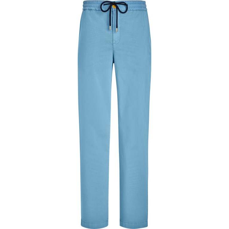 Light blue elastic waist pants made from cotton and Tencel, featuring a drawstring closure, with a solid design and a relaxed fit, size 38 by Vilebrequin.