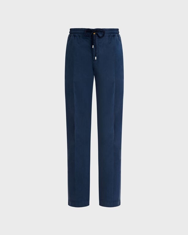 Solid blue elastic waist pants made of cotton and Tencel, featuring a drawstring closure and a relaxed fit, labeled as Clemence in size 35 by Vilebrequin.