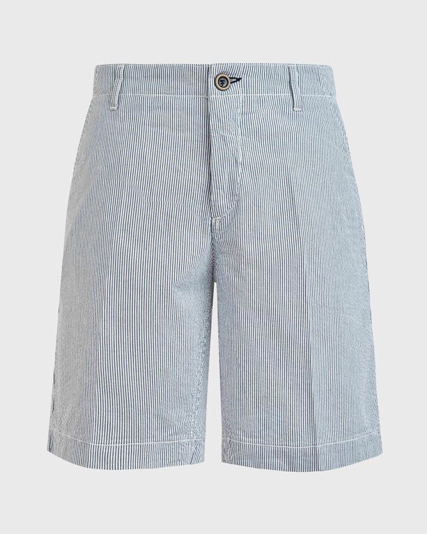 Blue seersucker cotton Bermuda shorts with a striped pattern, featuring a front button closure and a relaxed fit, labeled as size 30 by Vilebrequin.