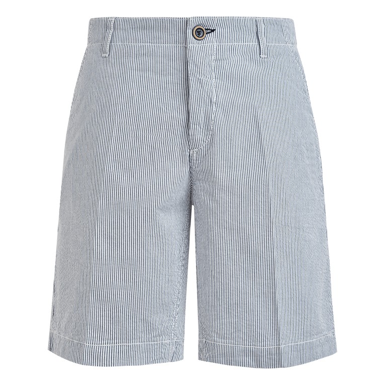 Blue seersucker Bermuda shorts by Vilebrequin, featuring a striped pattern, button closure, and a relaxed fit, available in size 40.