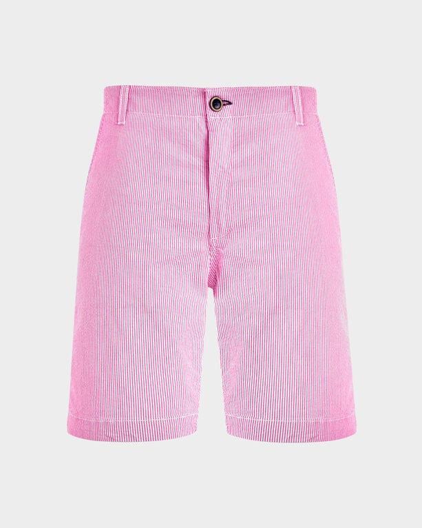 Men's pink seersucker Bermuda shorts by Vilebrequin, featuring a striped pattern, front button closure, and a relaxed fit, available in size 42.
