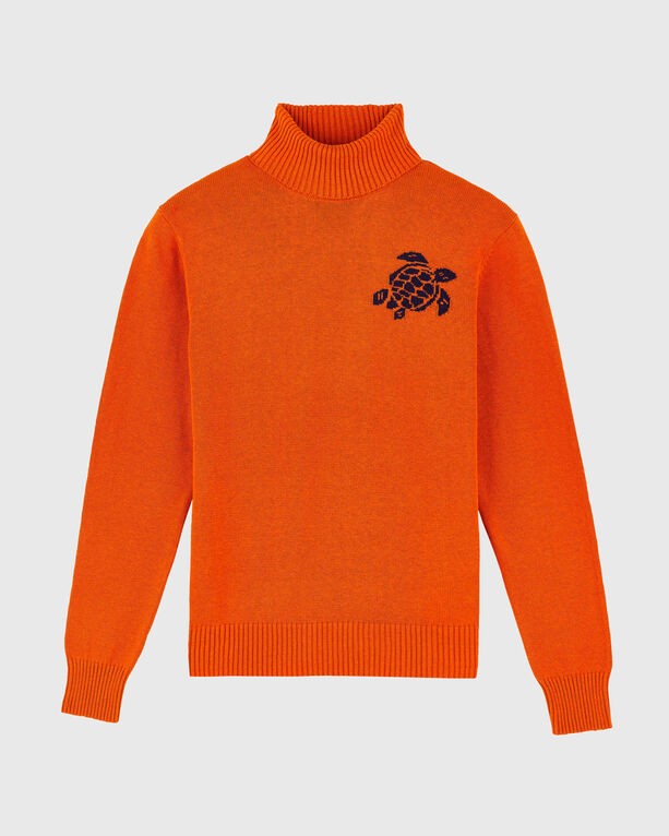 Brown cotton cashmere turtleneck pullover featuring a ribbed collar and cuffs, with a turtle logo embroidered on the chest, designed by Vilebrequin in size L.