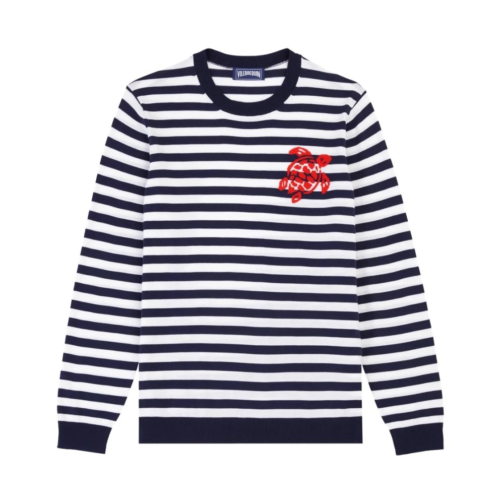 Blue and white striped cotton crewneck sweater featuring a red turtle logo on the chest, with long sleeves and ribbed cuffs and hem, in size S.