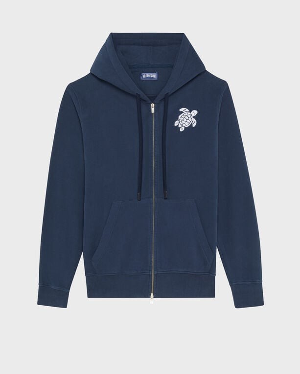 Blue cotton full zip hoodie featuring a big turtle embroidery on the left chest, a front pocket, and drawstring hood, available in size XL.
