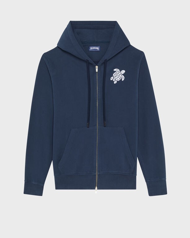 Blue cotton full zip hoodie featuring a large white turtle embroidery on the chest, a front pocket, and drawstring hood, available in size XXXL.