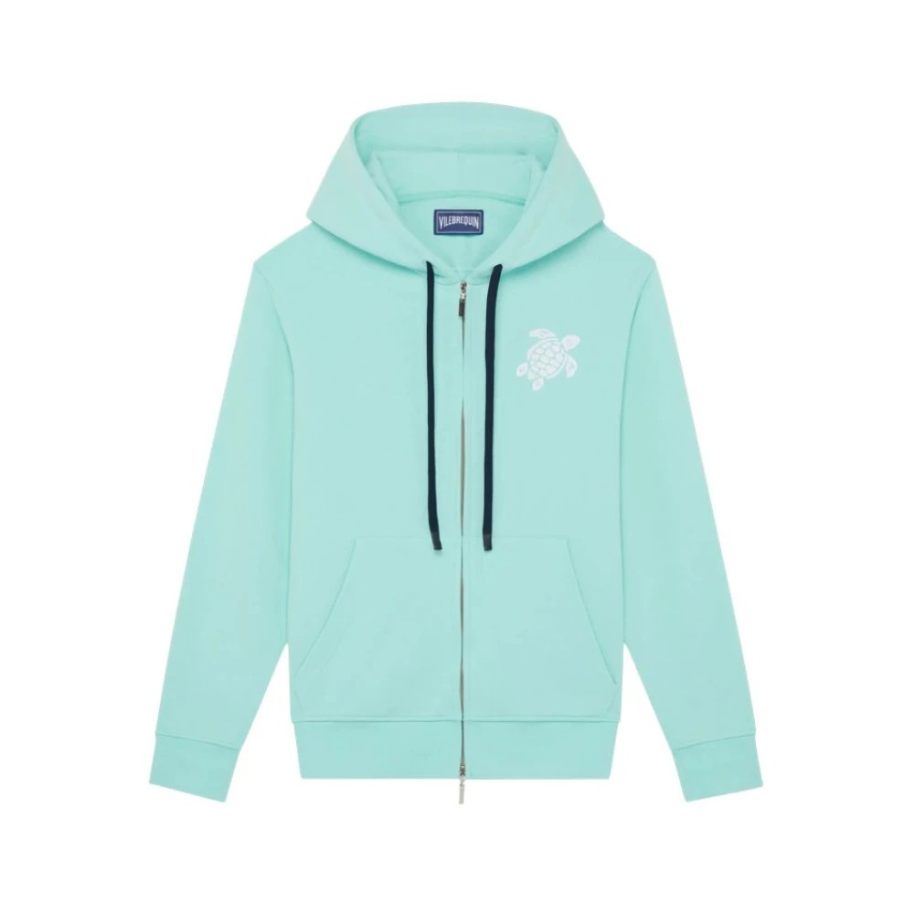 Light green cotton full zip hoodie featuring a big turtle embroidery on the chest, drawstring hood, and front pockets, available in size M.
