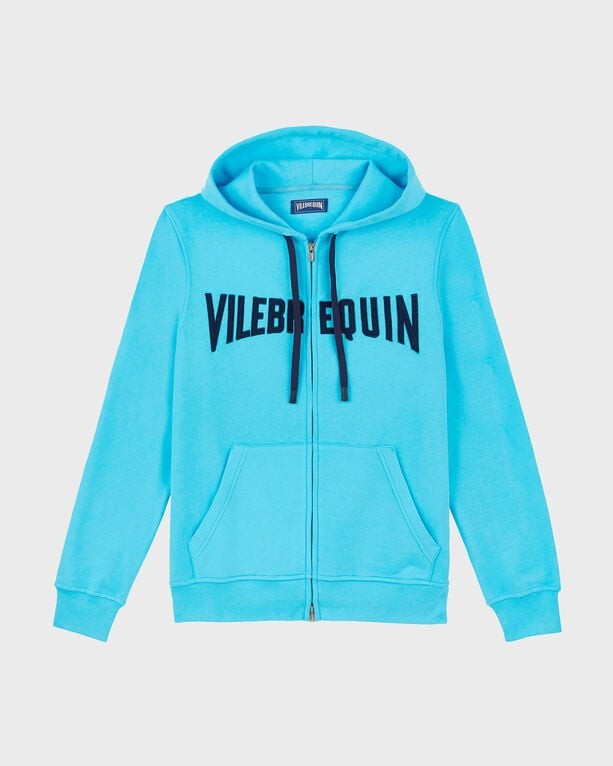Light blue cotton full zip hoodie featuring a stitched navy logo, front pockets, and a drawstring hood, available in size S by Vilebrequin.