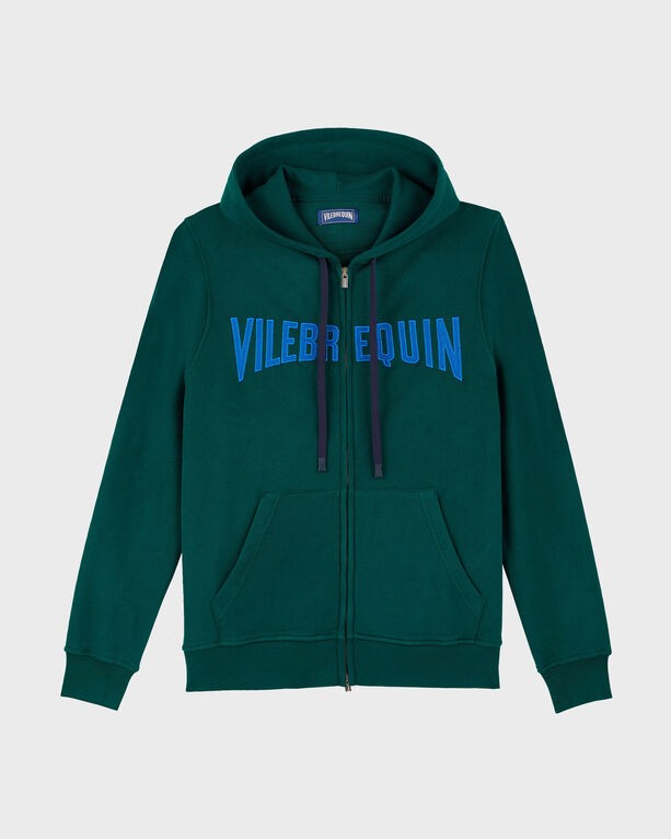 Green cotton full zip hoodie sweatshirt featuring a stitched blue logo, front pockets, and a drawstring hood, available in size XXL.