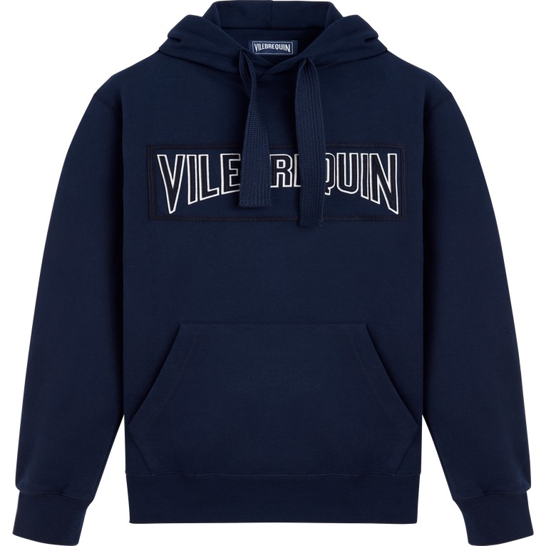 Solid blue cotton hoodie sweatshirt by Vilebrequin, featuring a front kangaroo pocket, drawstring hood, and a bold "VILEBREQUIN" logo across the chest. Size M.