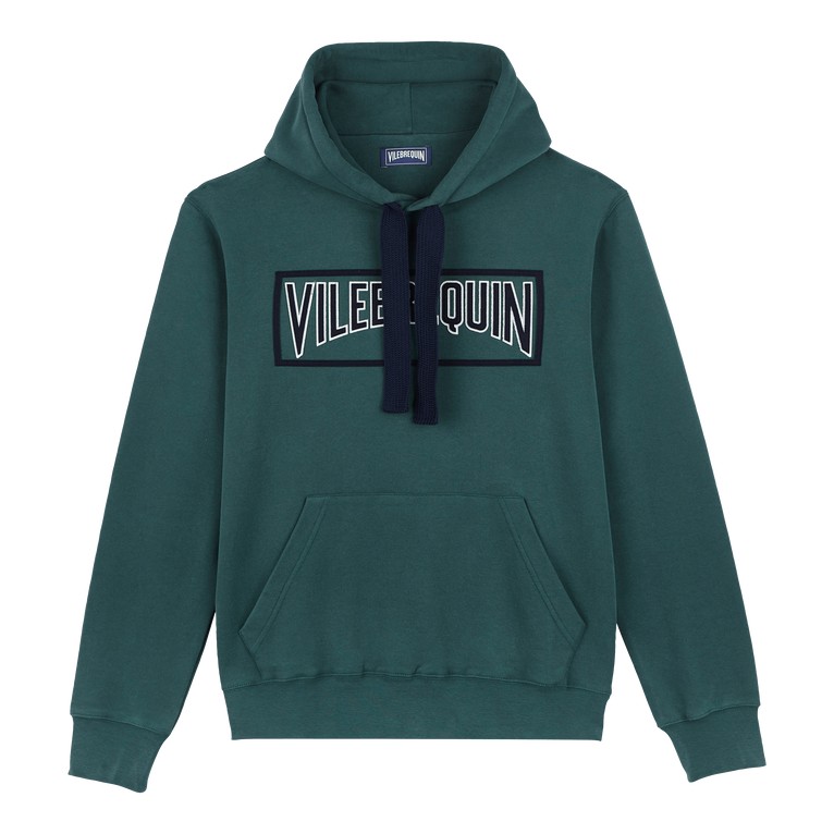 Green cotton hoodie sweatshirt featuring a large "VILEBREQUIN" logo, adjustable drawstring hood, and a front kangaroo pocket, available in size XL.