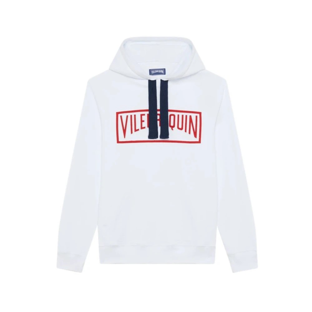 White cotton hoodie sweatshirt featuring a red and navy logo design on the front, with a drawstring hood and long sleeves, size L.