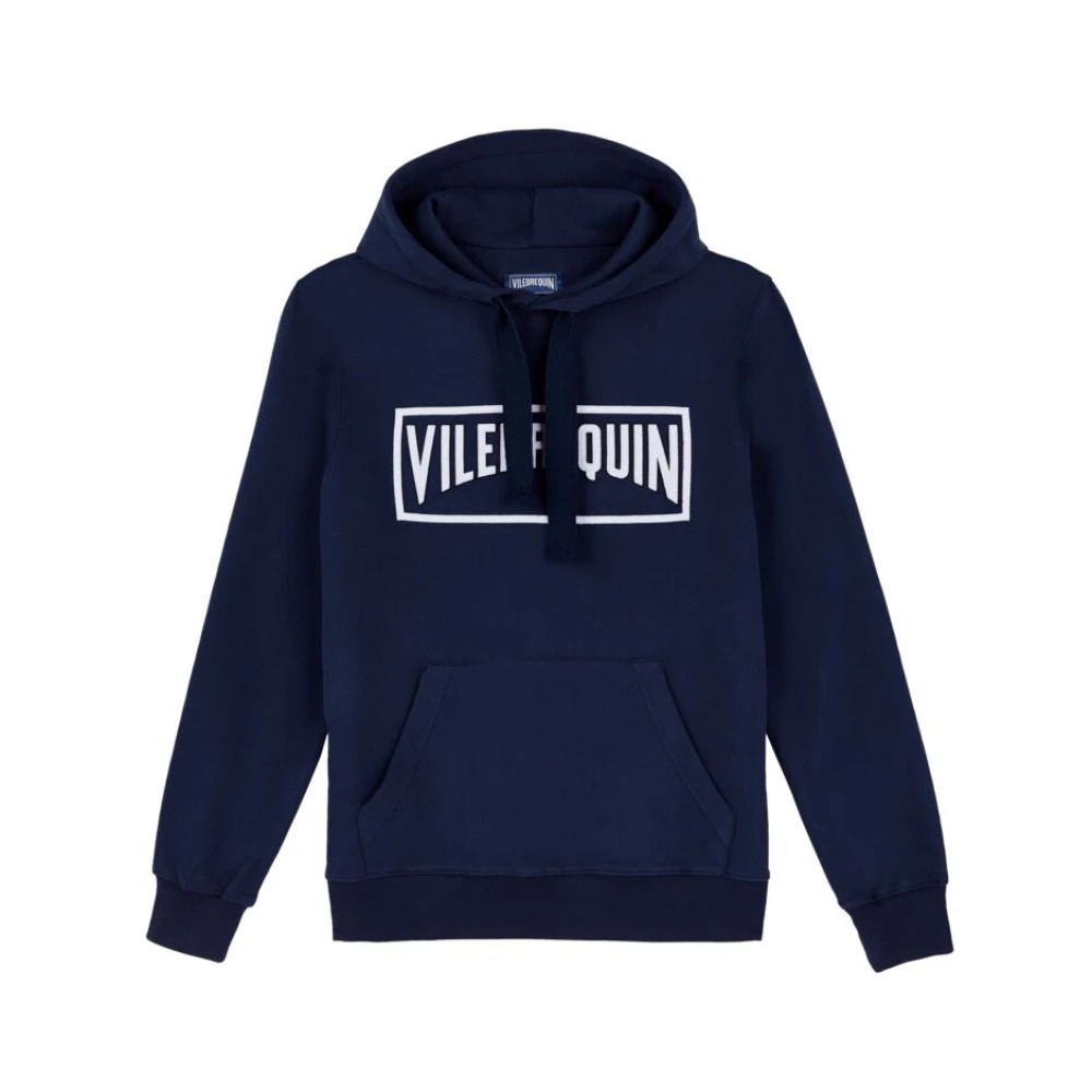 Solid blue cotton hoodie sweatshirt by Vilebrequin, featuring a front kangaroo pocket, drawstring hood, and a bold white logo across the chest, size L.