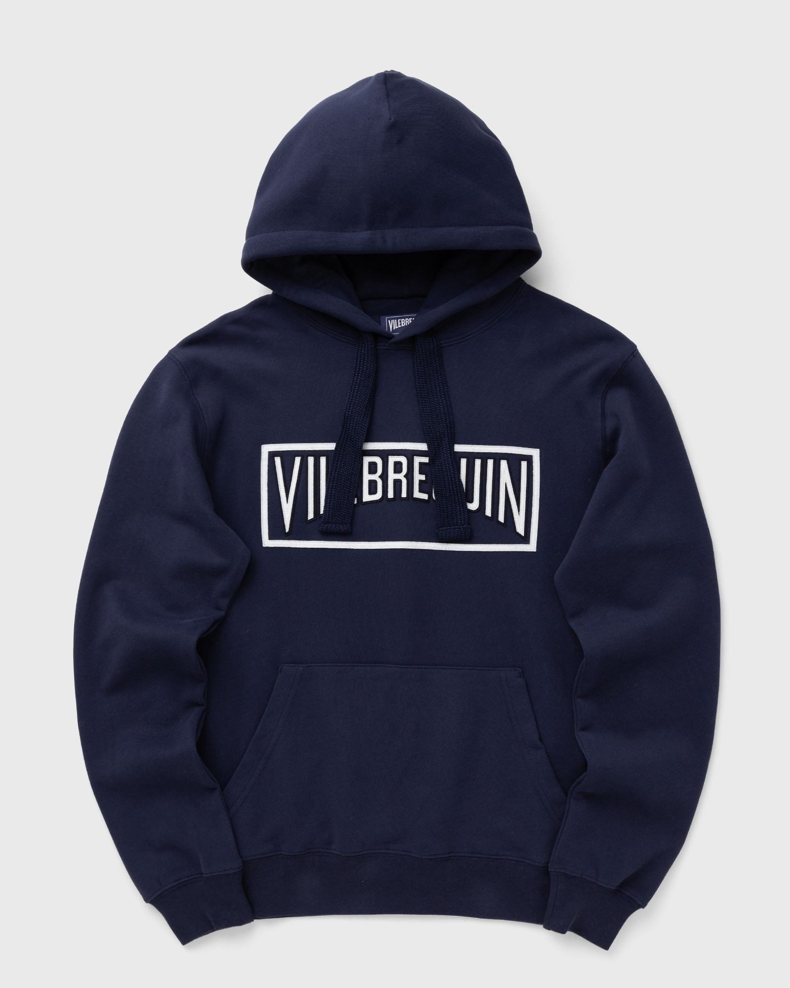 Solid blue cotton hoodie sweatshirt featuring a front pocket, drawstring hood, and a white logo print on the chest, available in size S by Vilebrequin.