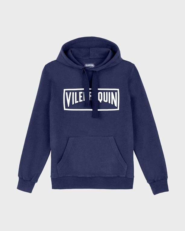 Blue cotton hoodie sweatshirt by Vilebrequin, featuring a front kangaroo pocket, drawstring hood, and a white logo print on the chest, available in size XXL.