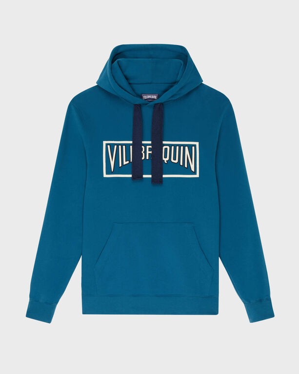 Solid blue cotton hoodie sweatshirt featuring a front pocket and a drawstring hood, with a prominent "Vilebrequin" logo across the chest, in size S.