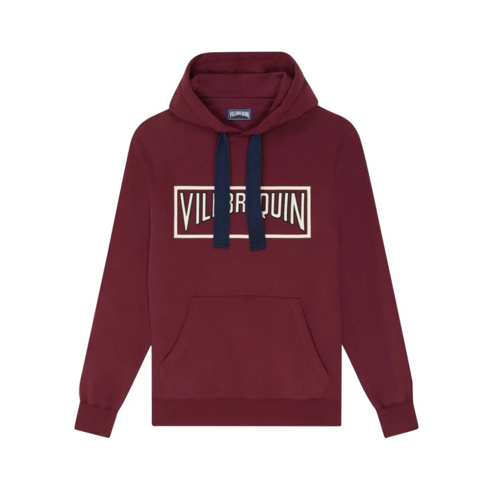 Red cotton hoodie sweatshirt by Vilebrequin, featuring a front pocket, navy drawstrings, and a bold logo across the chest, in size S.