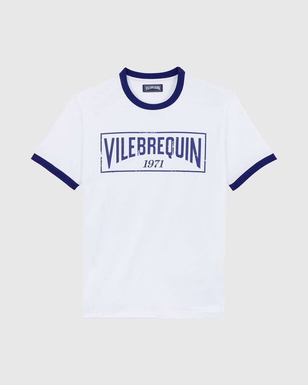 White cotton light jersey T-shirt with a blue bicolor logo and navy blue ribbed collar, featuring "VILEBREQUIN 1971" printed prominently on the front, in size XXL.