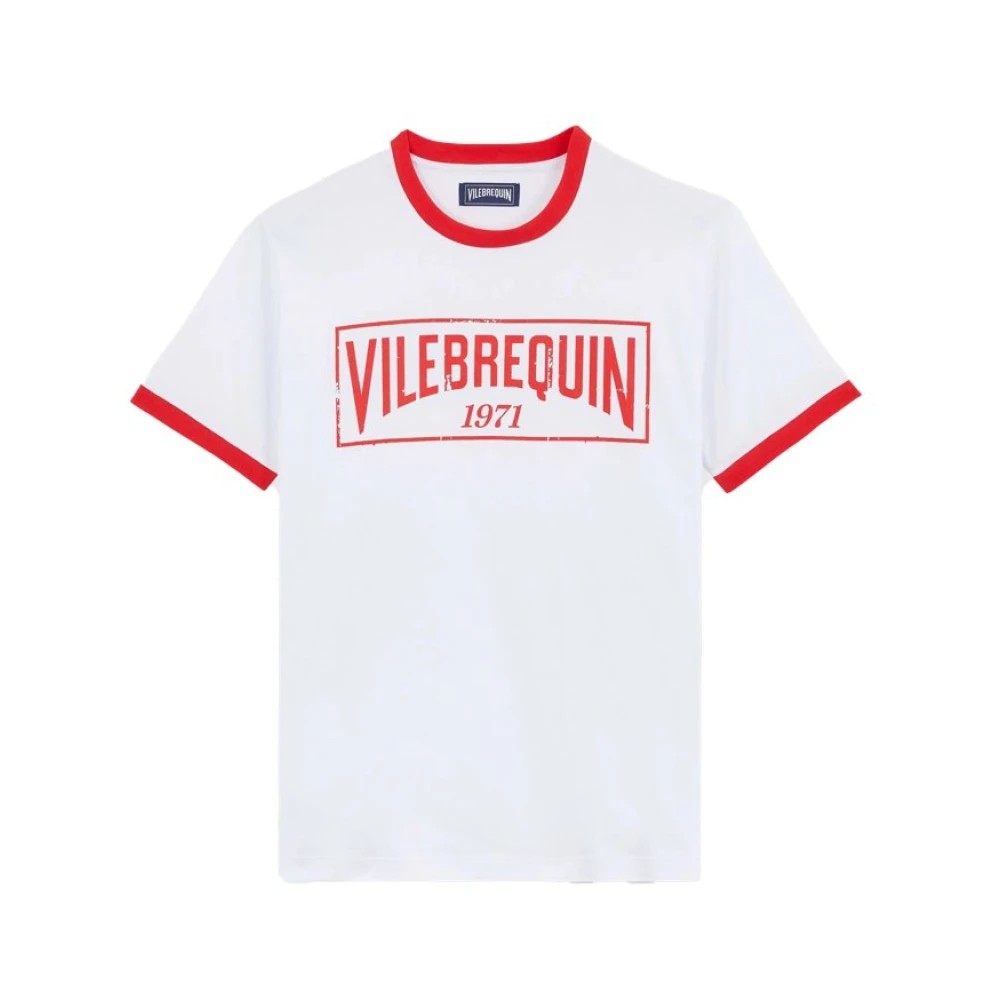 White cotton light jersey T-shirt featuring a bold red bicolor logo with "VILEBREQUIN 1971" text, complemented by red ribbed trim on the collar and sleeves, in size M.