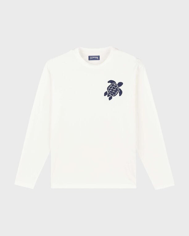 White long-sleeve cotton T-shirt featuring an embroidered navy turtle design on the left chest, by Vilebrequin, in size XXXL.