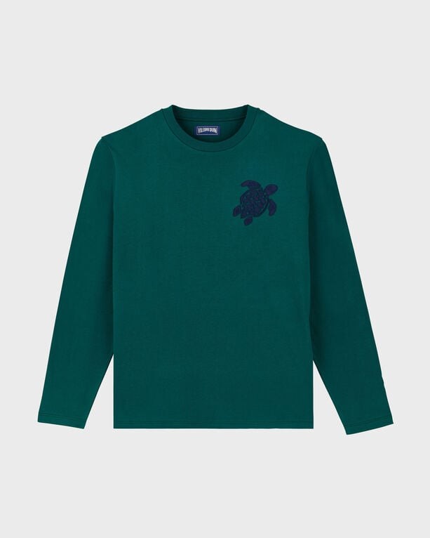 Green cotton long-sleeve T-shirt featuring an embroidered turtle design on the chest, available in size XXXL.